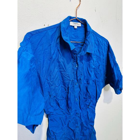 THAKOON Women's Blue Button Front Collared Tie Waist Mini Shirt Dress Size 6 - Picture 7 of 9